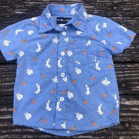 Buttons and Thread Boys Easter Bunny Carrot Blue Shirt  Size 12 Months - Picture 1 of 4